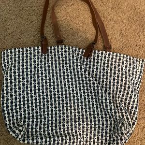 Prana multi color blue white large tote purse with leather handles. Travel